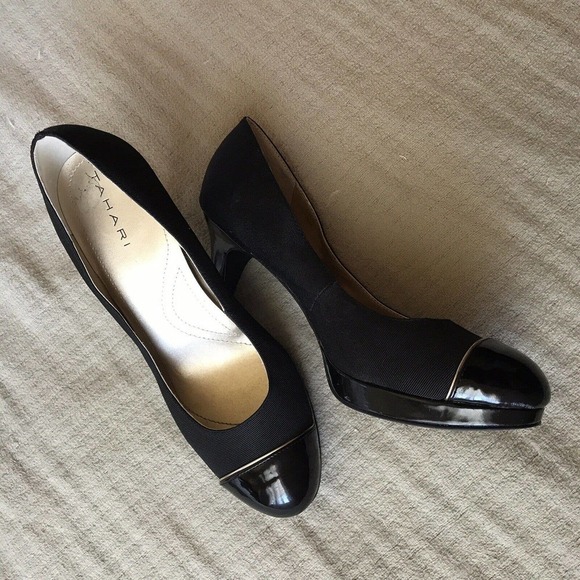 Tahari Laurie Shoe Sz7.5 Black Heels Patent/Fabric Beautiful Pre-Owned - Picture 6 of 12